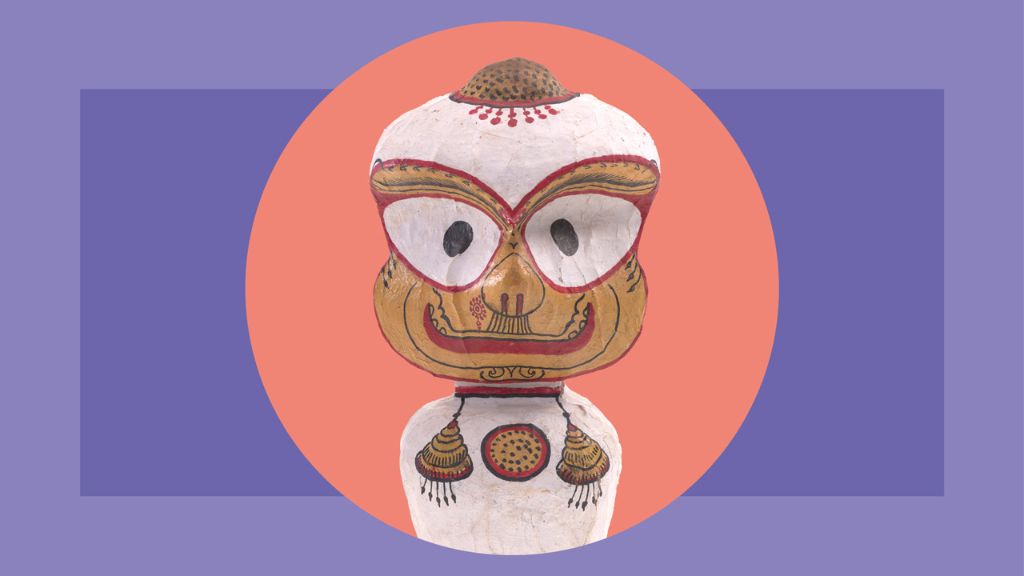Votre engagement Figur bestehend aus Kopf auf Sockel, bemalt mit grossen Augen, vor einem hellroten Kreis in einem violetten Quadrat.
